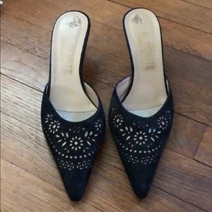 Italian leather black suede cutout detail mules